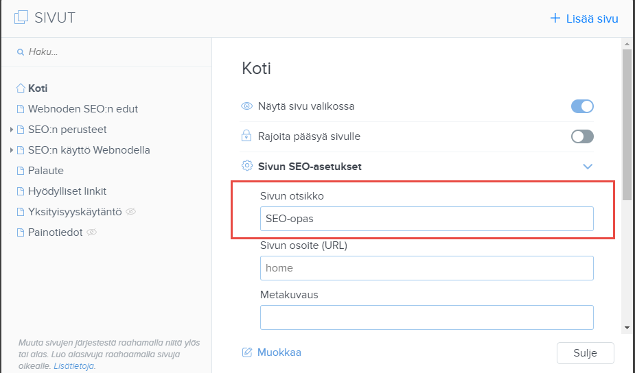 Asetukset: sivun otsikko